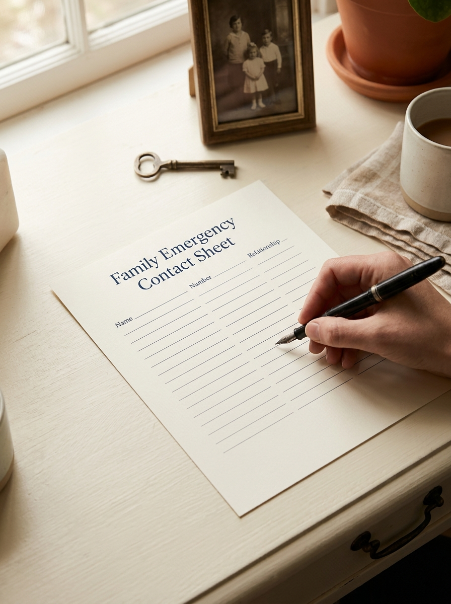 Family Emergency Contact Sheet printable on a sunlit desk with a fountain pen, brass key and framed family photo