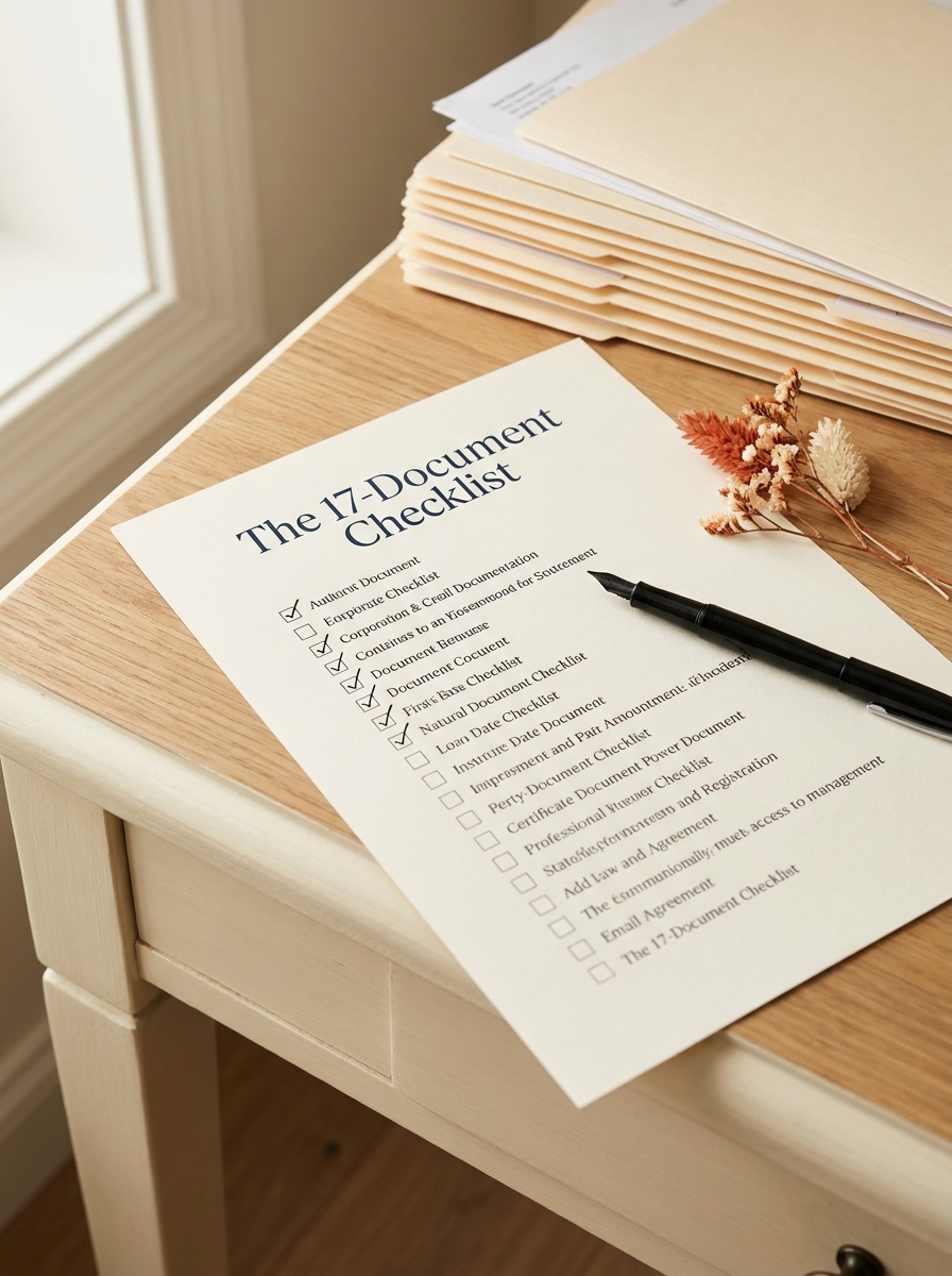 The 17-Document Checklist printable on a desk with a pen, dried flowers and manila folders