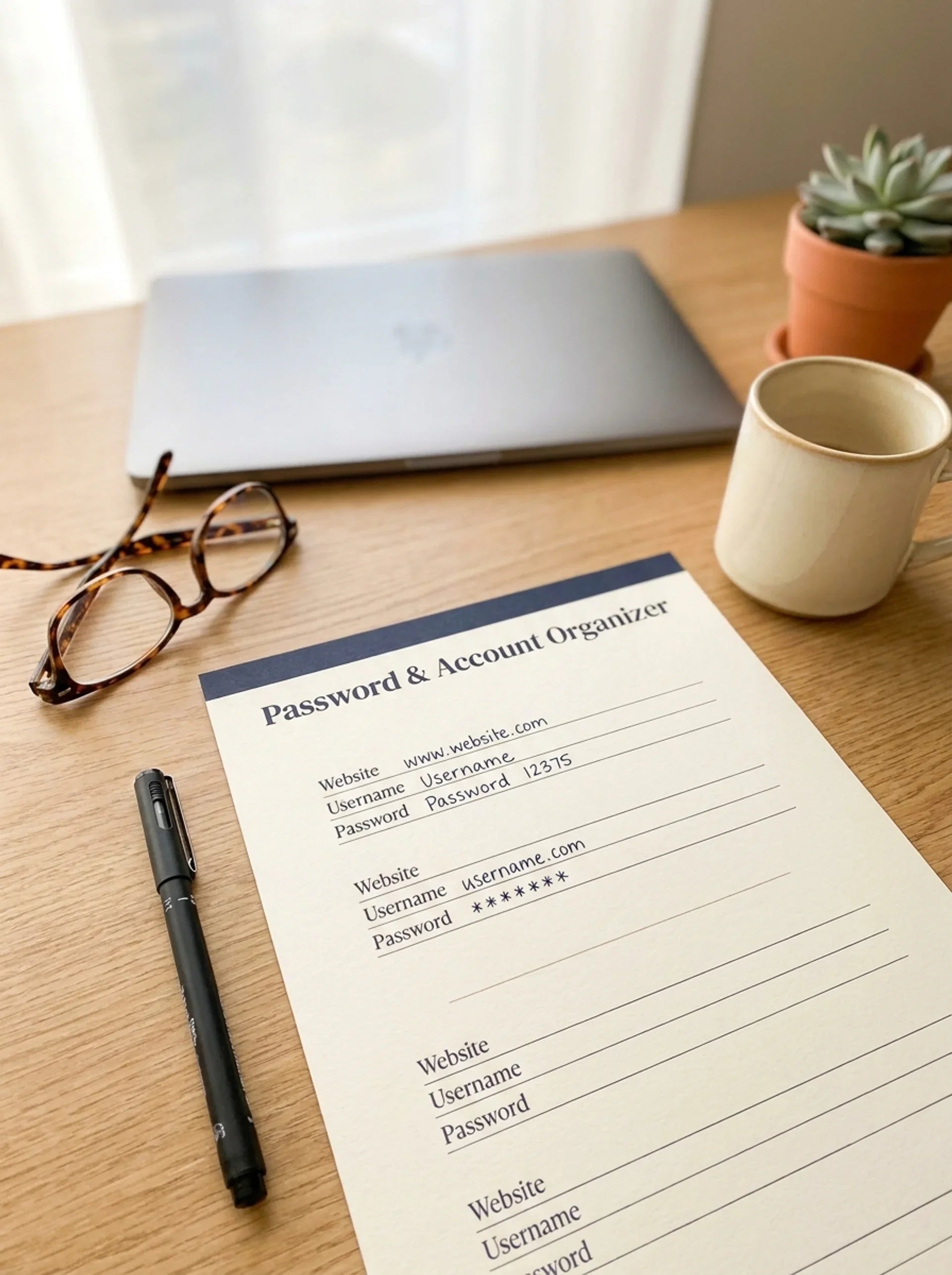 Password & Account Organizer printable page on a wood desk with a pen, reading glasses and laptop