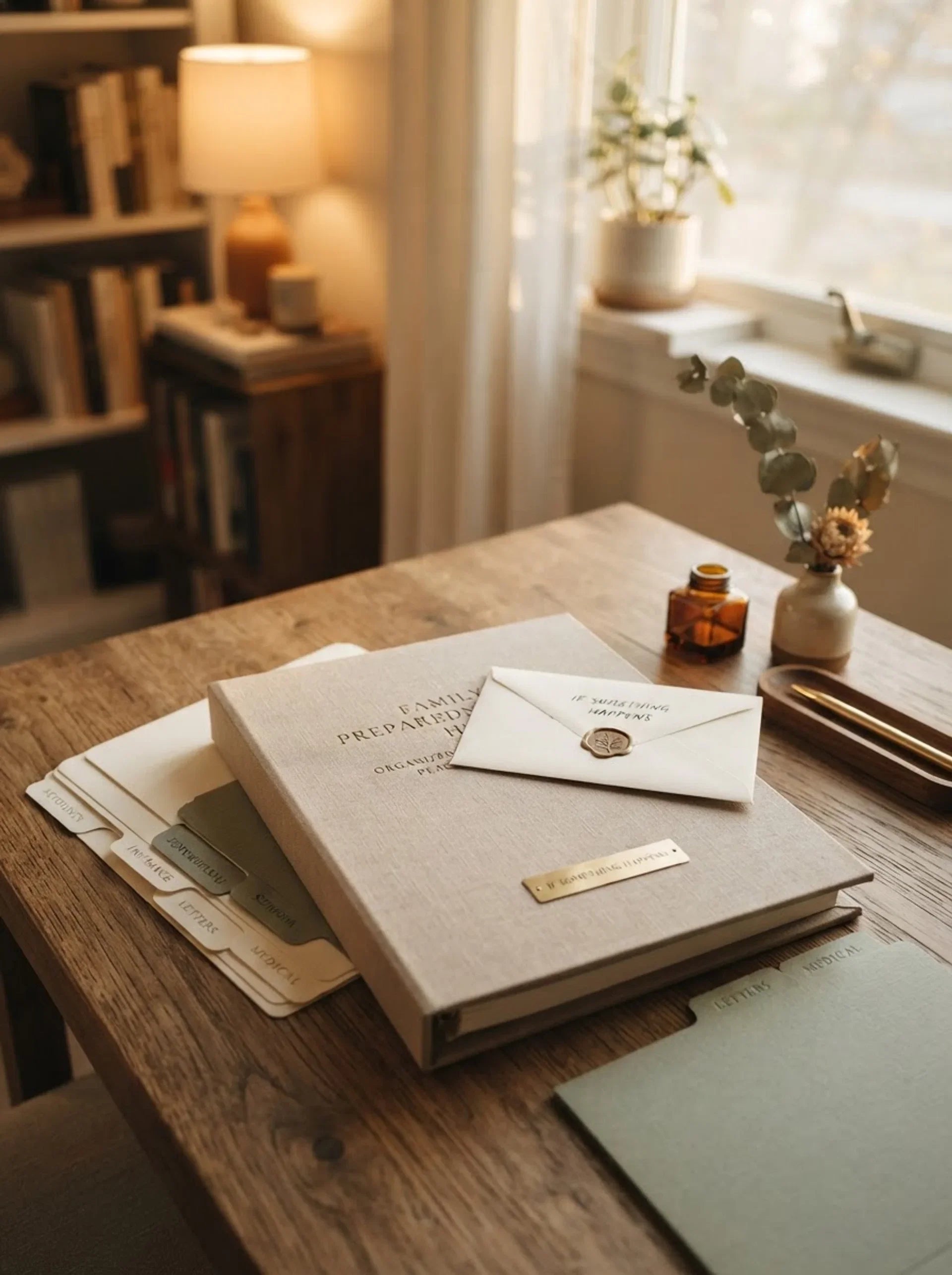 The IfSomethingHappens Hub — linen family binder with labeled tabs and a wax-sealed envelope on a desk